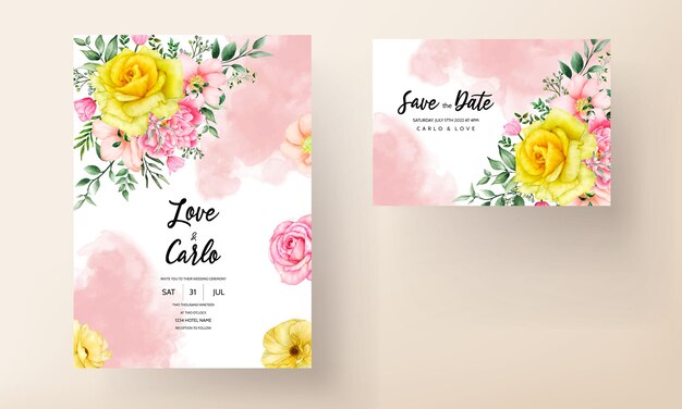 Free vector blooming flower watercolor wedding invitation card set