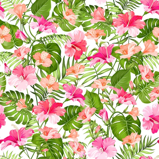 Free vector blooming hibiscus and palm seamless pattern