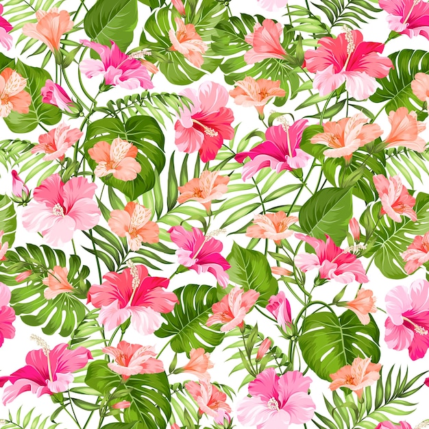 Blooming hibiscus and palm seamless pattern