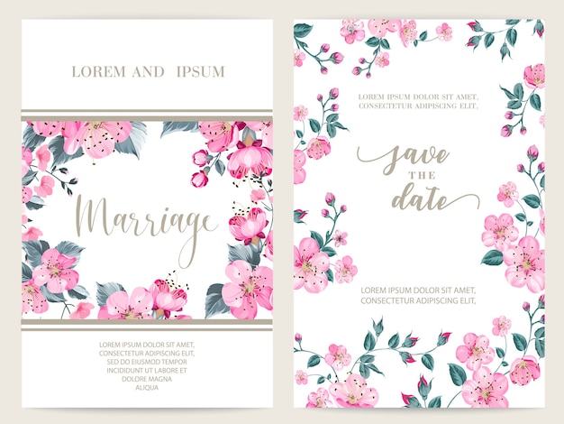 Blooming sakura wedding frame card.