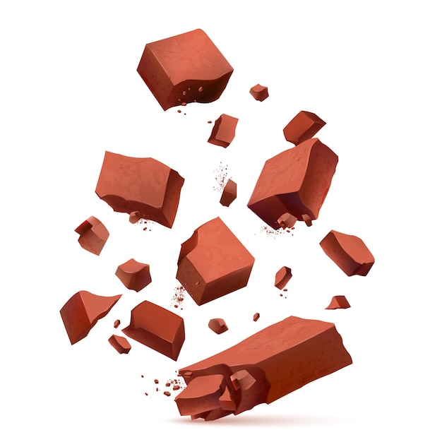 Free vector blowing shards of red brick pieces realistic colored design concept on white background abstract vector illustration