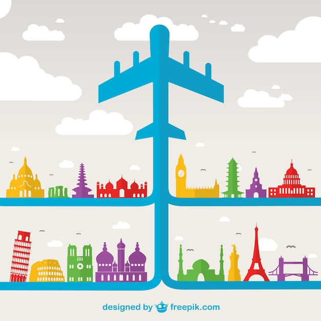 Free vector blue airplane and world monuments