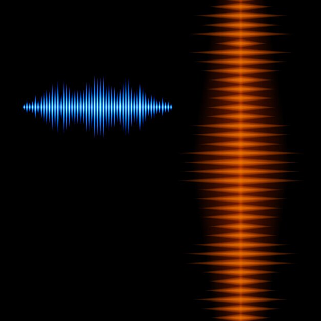 鋭いピークを持つ青とオレンジの光沢のある音の波形の背景 プレミアムベクター
