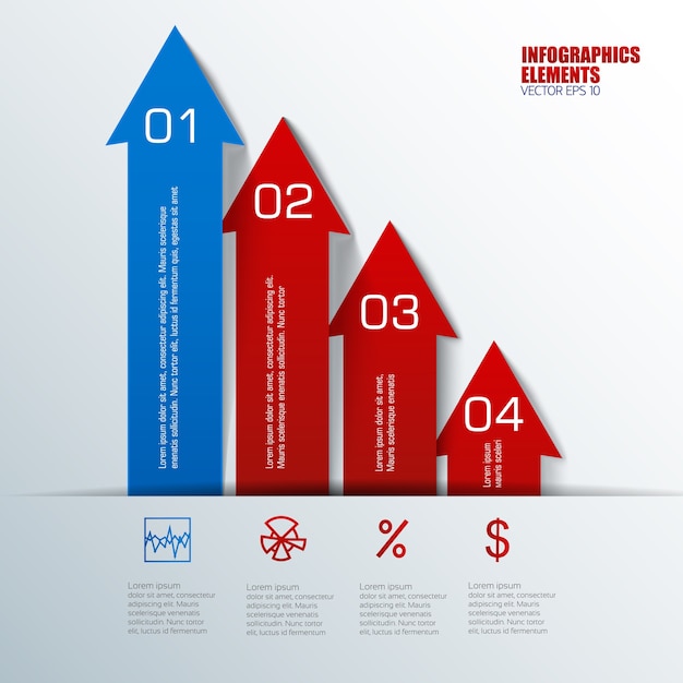 Бесплатное векторное изображение Синие и красные вертикальные стрелки с упорядоченными текстовыми полями бизнес-инфографики
