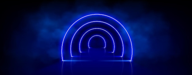 Blue arch tunnel door frame with glowing neon effect and steam Luminous frame surrounded by fog and bright sparkles realistic vector of illuminated portal access to stage or passage along hallway