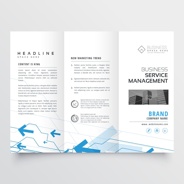 Blue arrow design on trifold business brochure