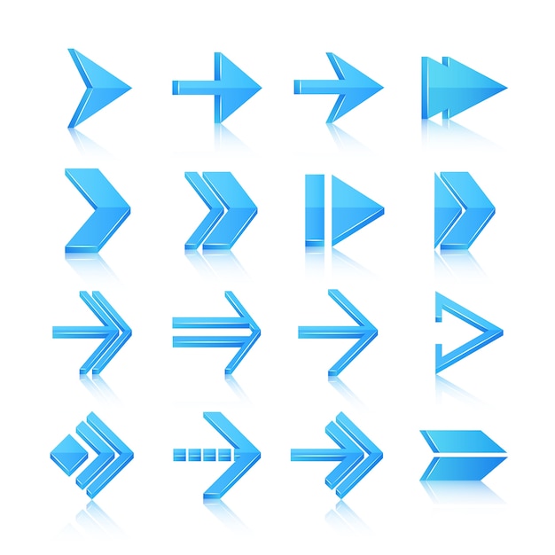 Blue arrows symbols pictograms icons, set isolated vector illustration