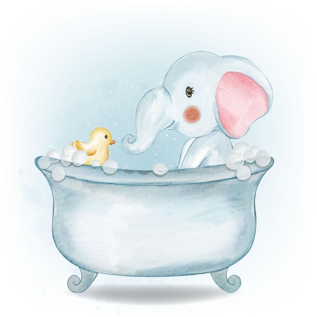 Blue Baby Elephant with a Duck on the Bath Watercolor