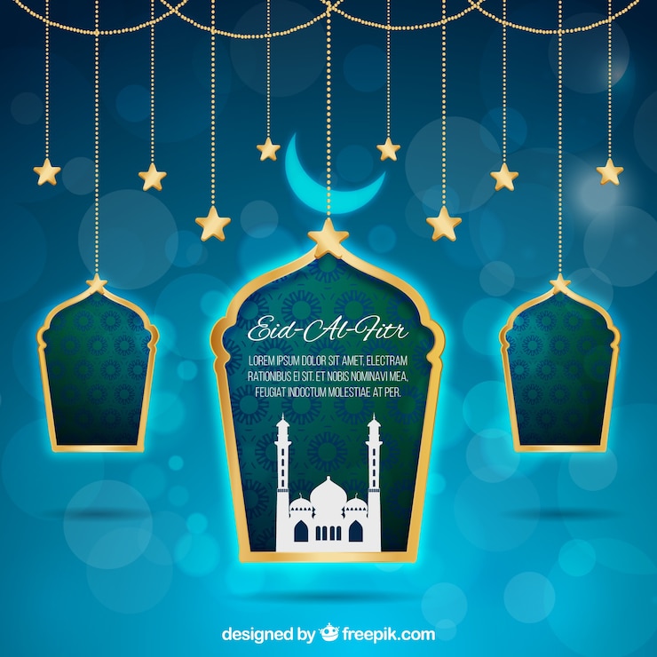 मुफ़्त वेक्टर blue background bokeh of eid al fitr with windows