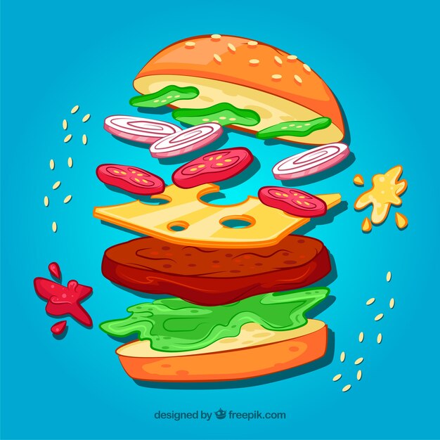 Blue background of burger with delicious ingredients