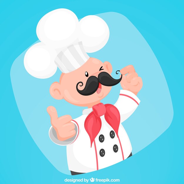 Blue background of chef character with mustache