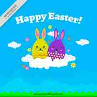 Free vector blue background of easter bunnies on a cloud