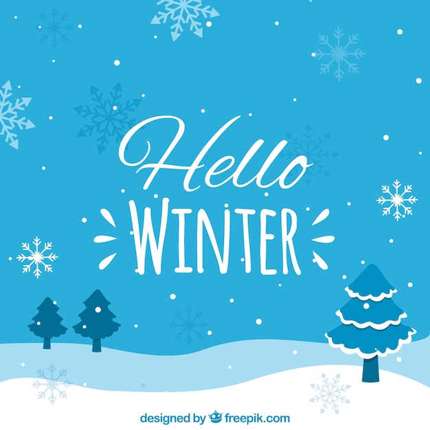 Free vector blue background hello winter with trees covered in snow