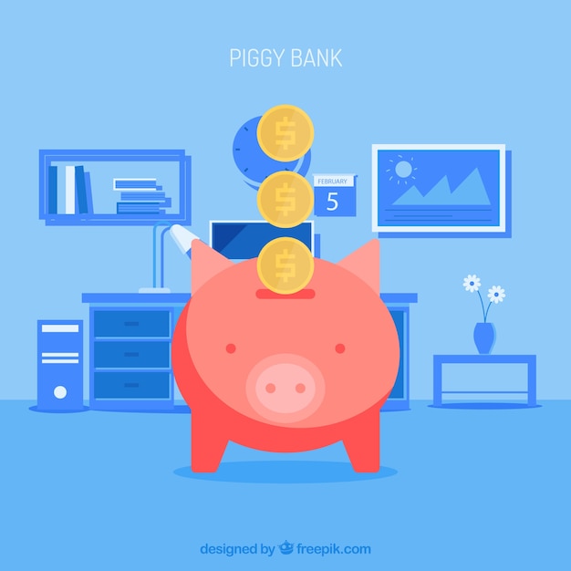 Free vector blue background of house with piggy bank