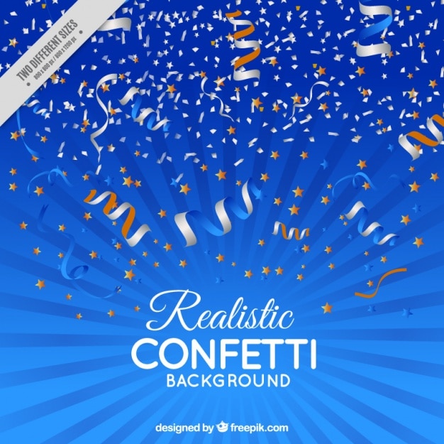 Blue background of streamer and confetti in realist style