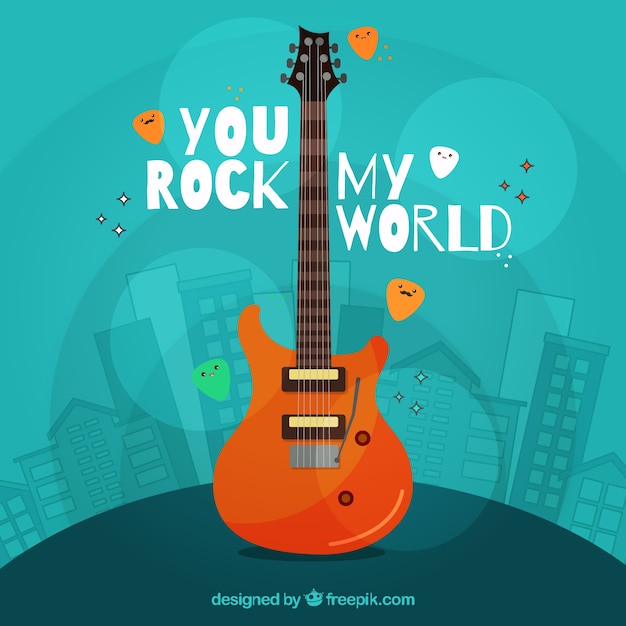 Free vector blue background with buildings and electric guitar