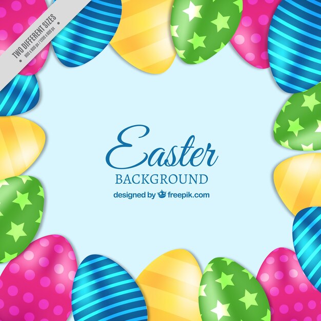 Blue background with colorful easter eggs in realistic style