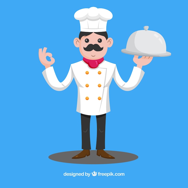 Free Vector blue background with cook holding a tray