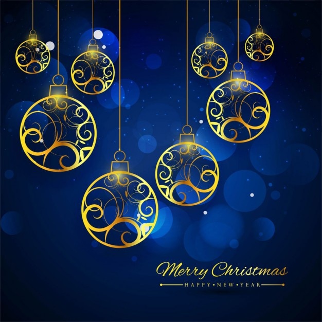 Free vector blue background with golden christmas balls