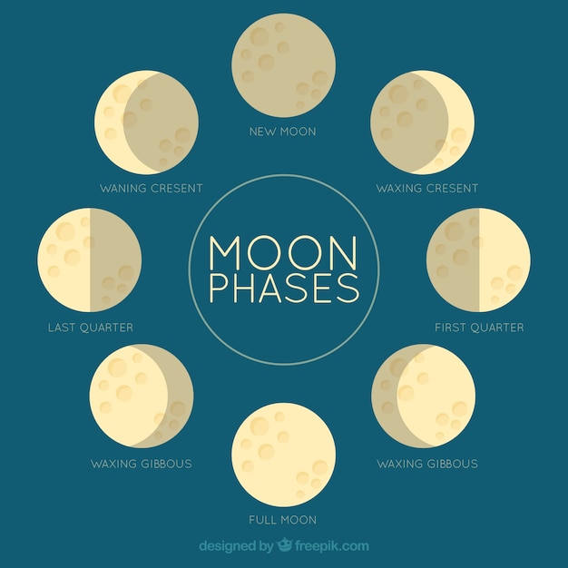 Free vector blue background with moon phases in flat design