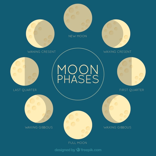 無料ベクター フラットデザインのムーンフェイズブルーの背景