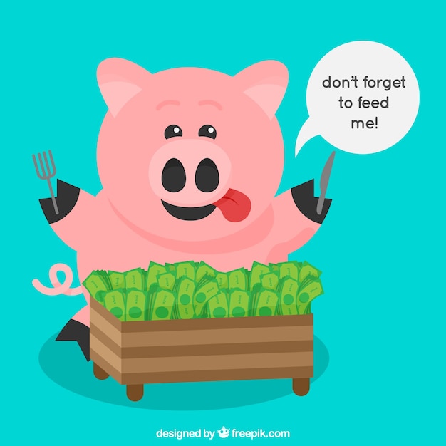 Blue background with piggy bank piggy bank eating banknotes