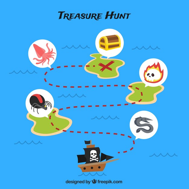 Blue background with pirate treasure route