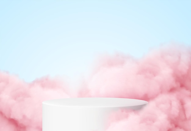 Blue background with a product podium surrounded by pink clouds.