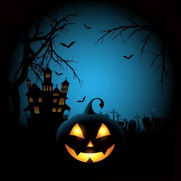 Free vector blue background with a pumpkin for halloween