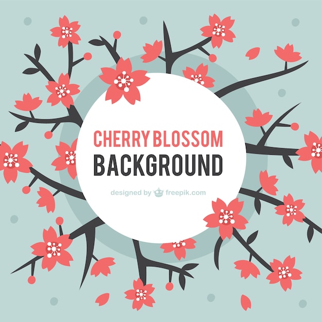 Free vector blue background with red flowers in flat design