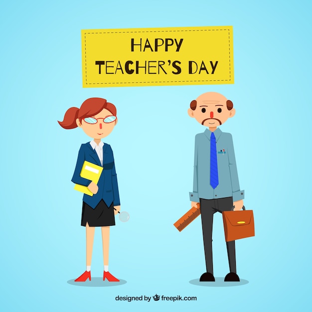 Blue background with teachers in flat style