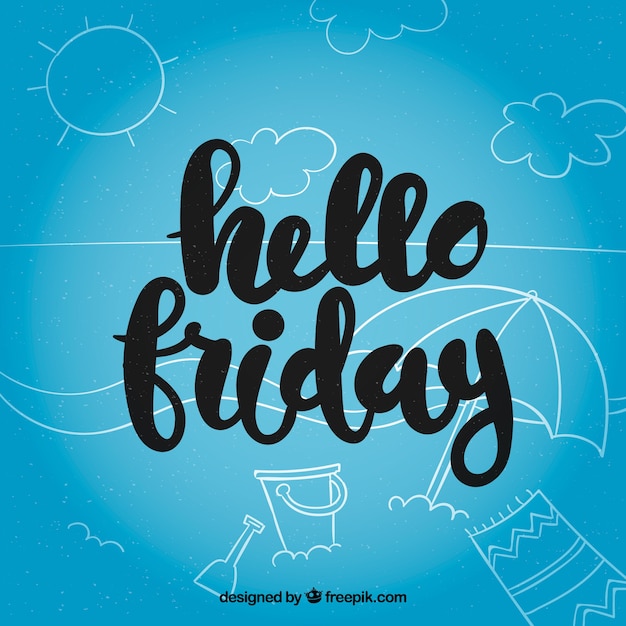 Blue background with text "hello friday" and beach drawings