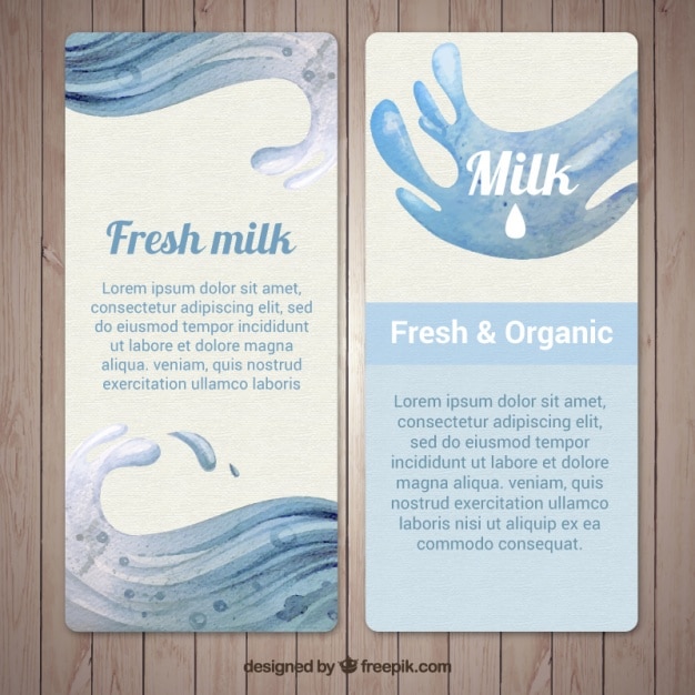Free vector blue banners of milk splash in watercolor style