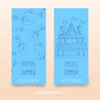 Free vector blue banners with sandy castle and shovels