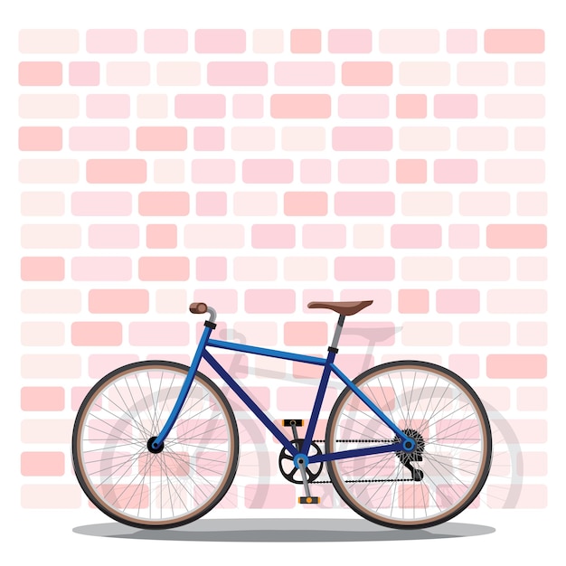 A blue bicycle leans against a pink brick wall in the sunlight flat vector design illustration