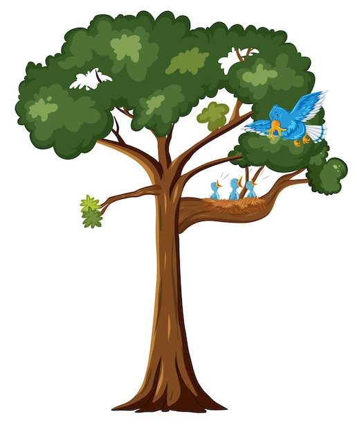 Синяя птица и цыплята на дереве