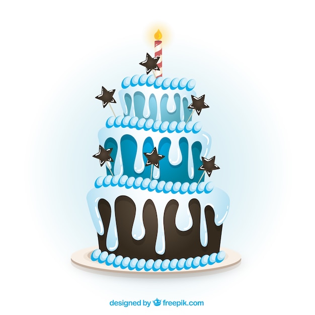 Blue birthday cake in cartoon style