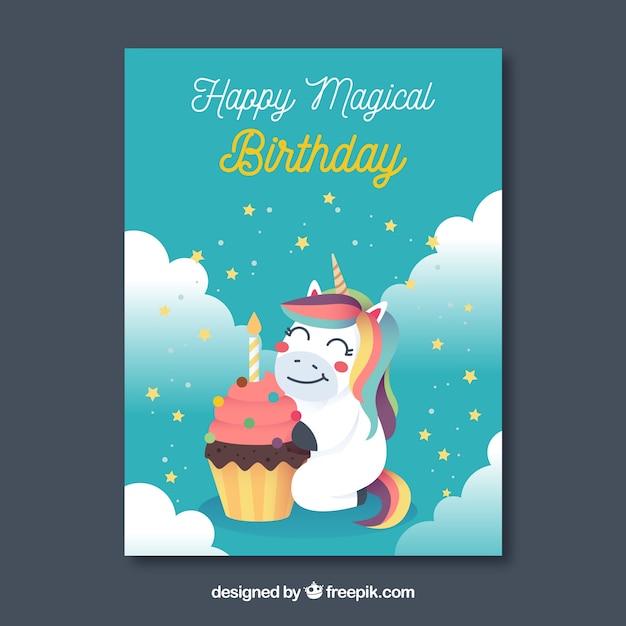 Free vector blue birthday card with a happy unicorn