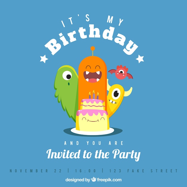 Free vector blue birthday card with monsters