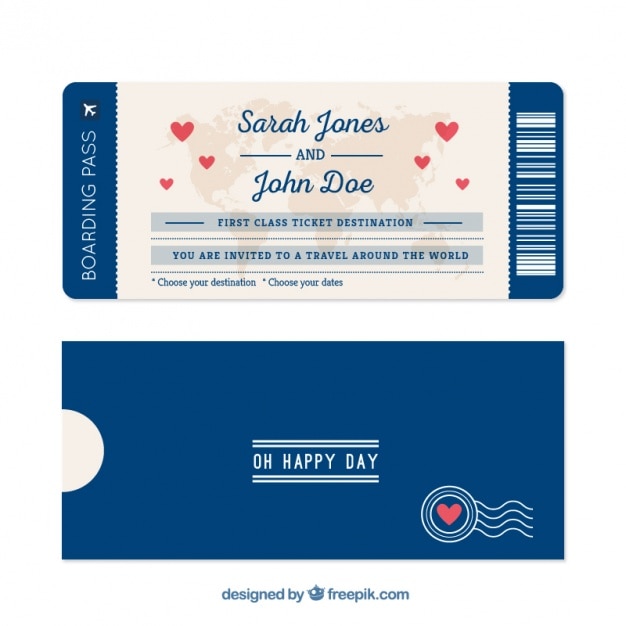 Free Vector blue boarding pass with hearts