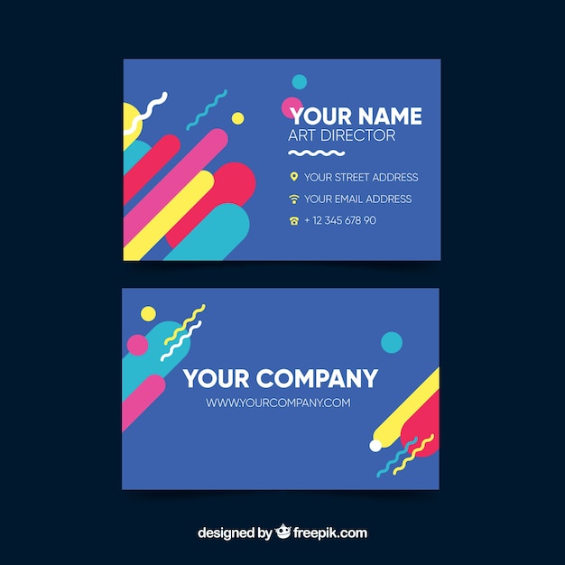 Blue business card with colorful shapes