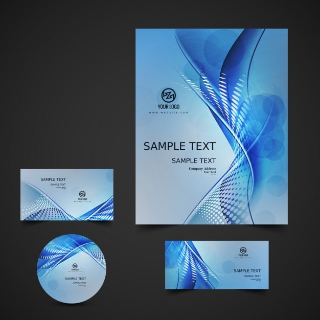 Free vector blue business stationery with waves