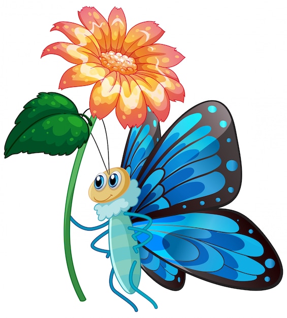 Free vector blue butterfly holding flower on white background