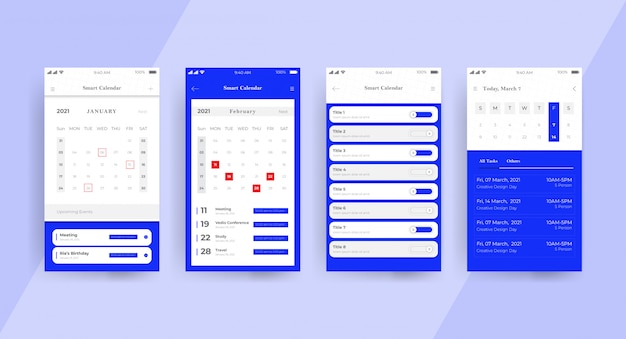 Pagina del concetto di ux dell'interfaccia utente dell'app calendario blu