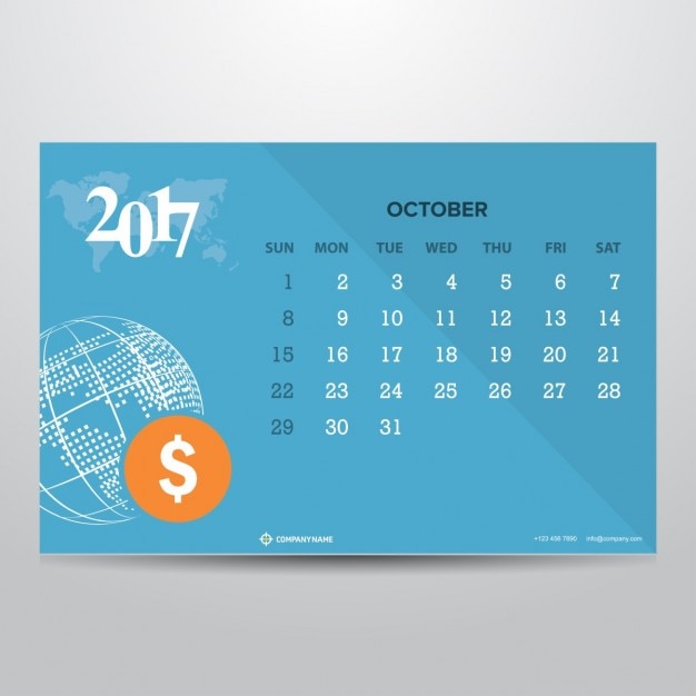 Free vector blue calendar for october 2017