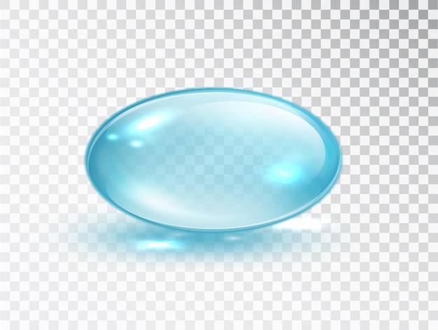 블루캡슐. 투명 한 배경에 고립 된 타원형 거품입니다. 비타민과 미네랄의 화장품 오일 캡슐. 젤 알 약 아이콘 템플릿의 벡터 현실적인 방울입니다.