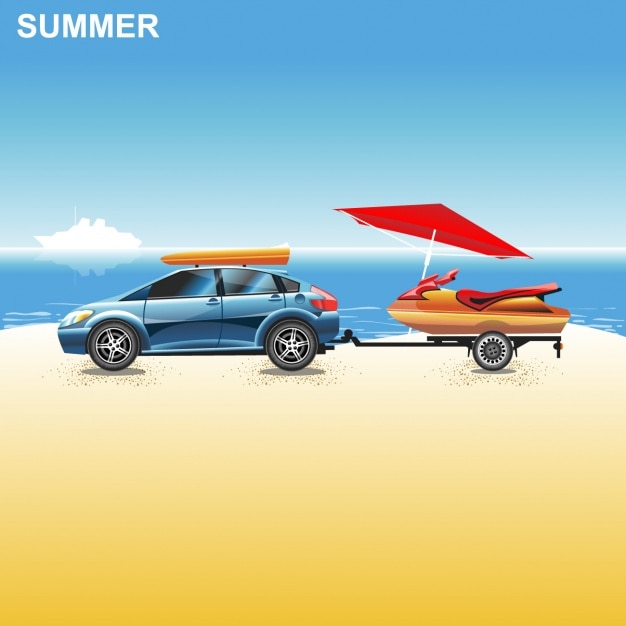 Free vector blue car on the beach