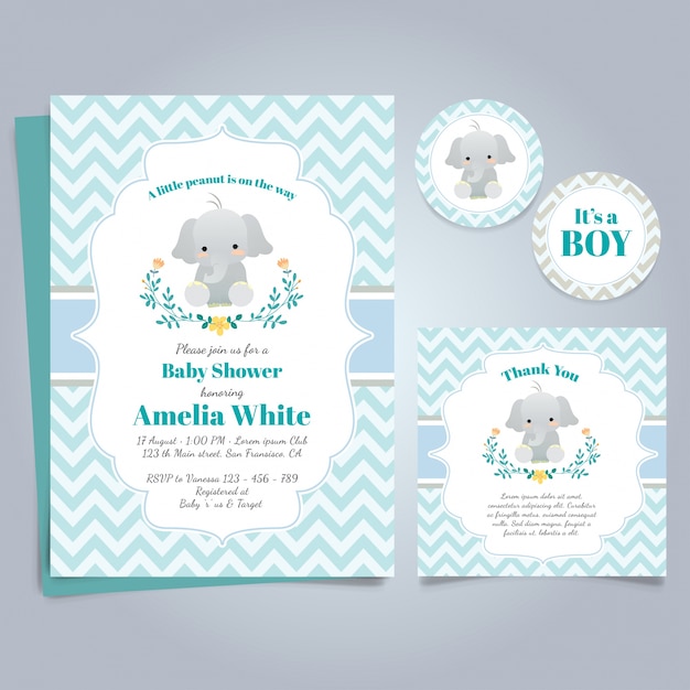 Blue card for baby shower with a cute elephant