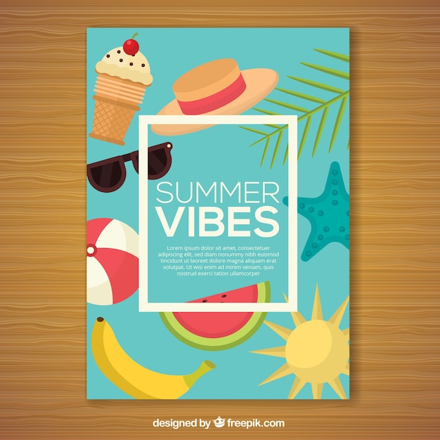 Free vector blue card with summer elements in flat design