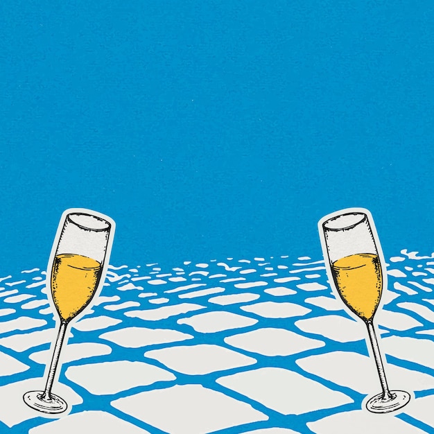 Blue celebration background with champagne glasses in vintage style